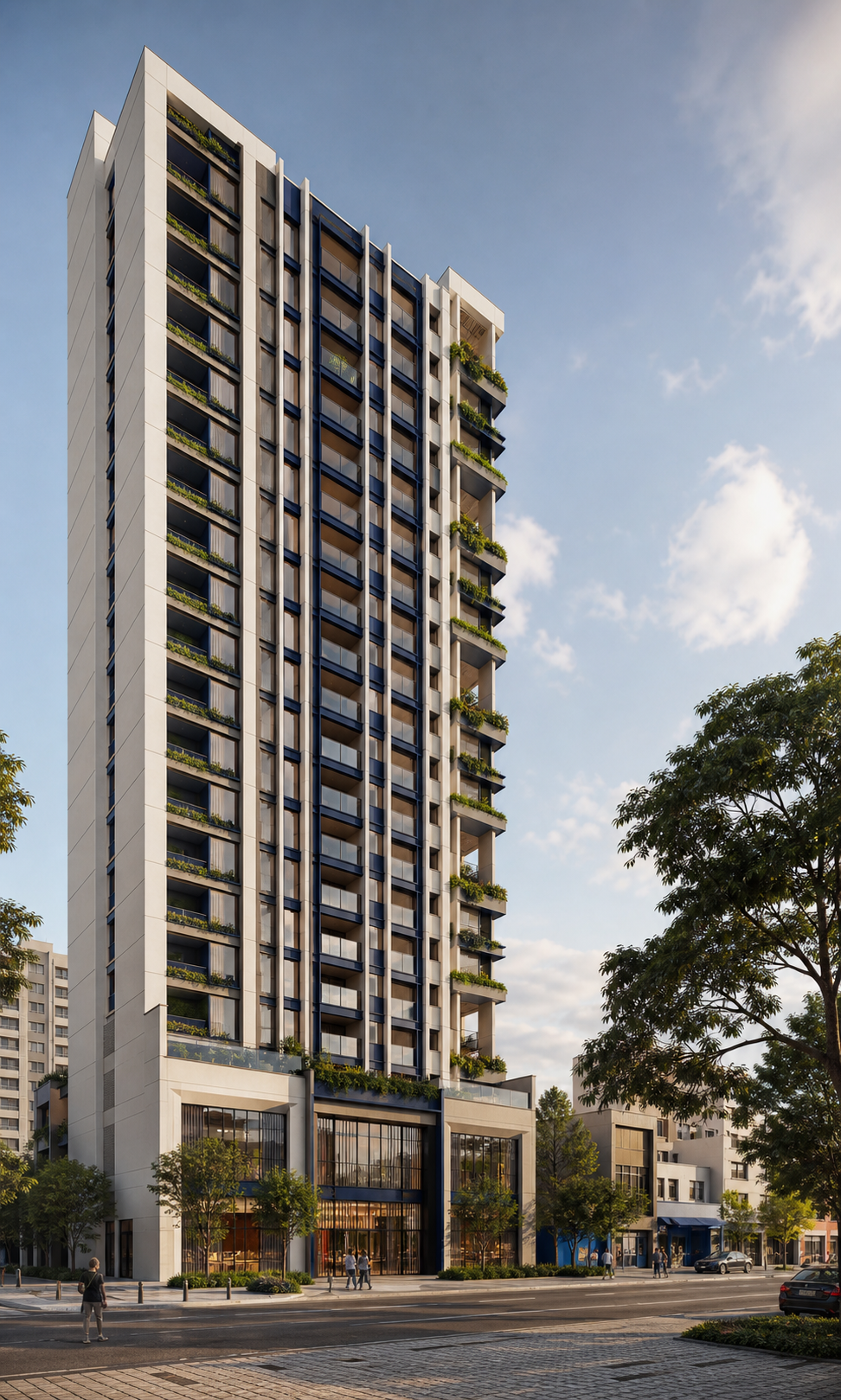 Fachada demonstrativa de torre residencial contemporânea com estrutura clara, esquadrias azul-marinho e varandas arborizadas.