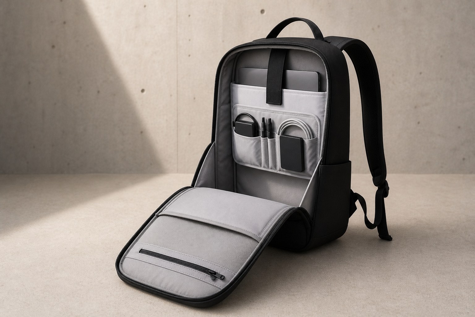 Transit 28 aberta, mostrando compartimento para laptop e organização interna clara.